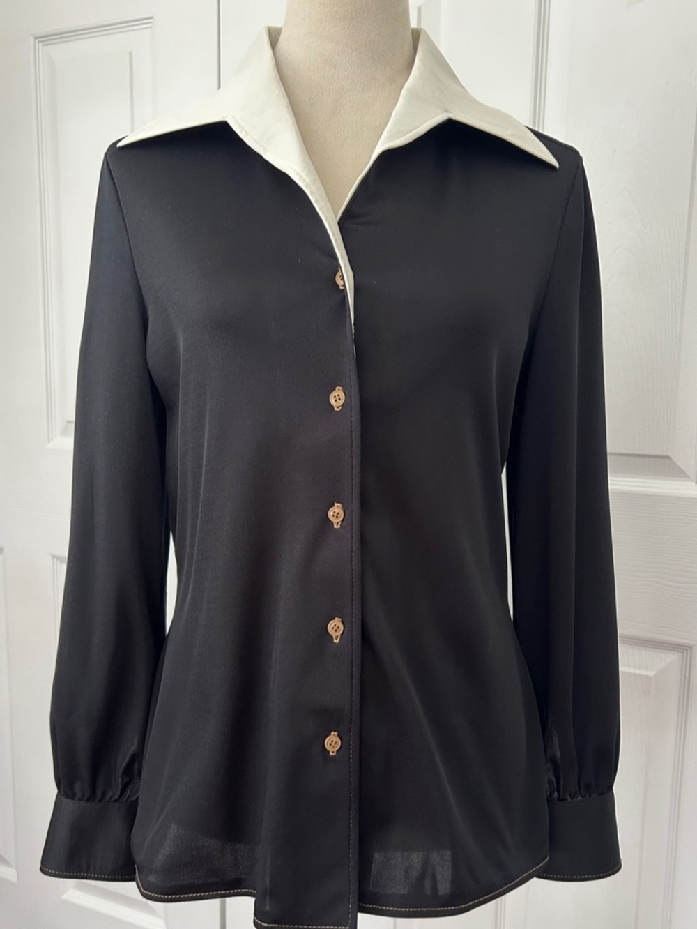 Vintage ACT III Contrast Collar Button Down Blouse Black & White Like New M L
